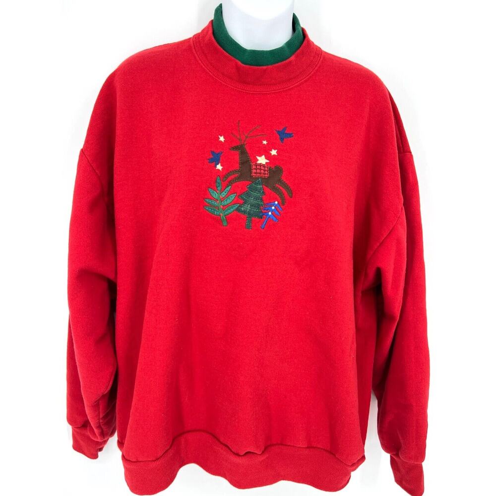 Vintage Morning Sun Reindeer Christmas Holiday Red Grandma Sweatshirt Womens L